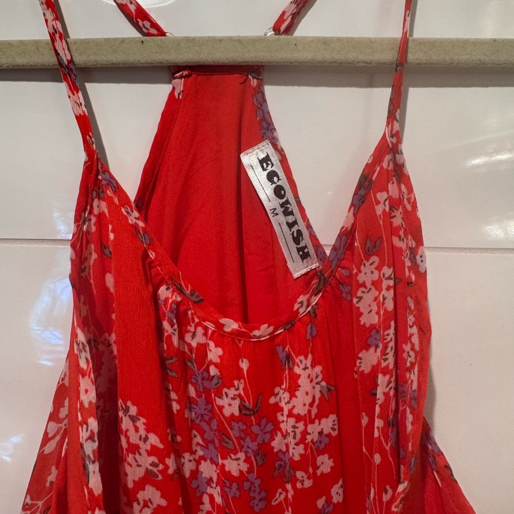 EcoWish Sundress Midi Boho Halter Sleeveless Asymmetrical Red Floral Cocktail - Picture 8 of 8